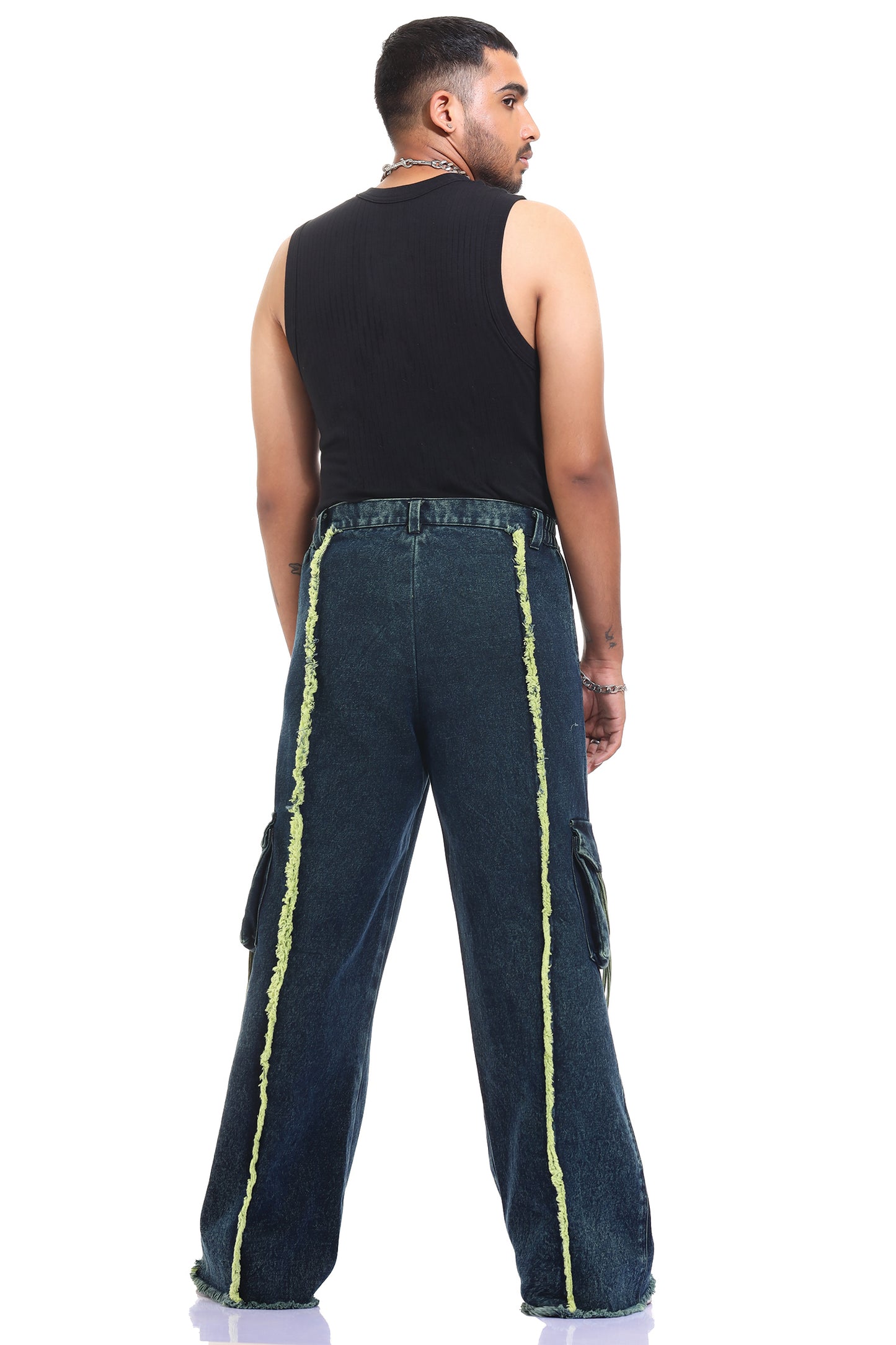 Oversized jeans | Streetwear jeans | outwear jeans | relaxed fit jeans | unisex apparel | indian streetwear | baggy jeans | baggy jeans | kokobongo jeans | green oversized jeans | acid washed jeans | stone wash | hand dyed | frayed jeans | rugged jeans | green jeans | sleeveless jeans | sleeveless streetwear | sleeveless streetwear jeans | utility jeans | raw edges cargos | cargos with pocket | green jeans | blue jeans | green and blue jeans | trendy jeans | jeans with pocket