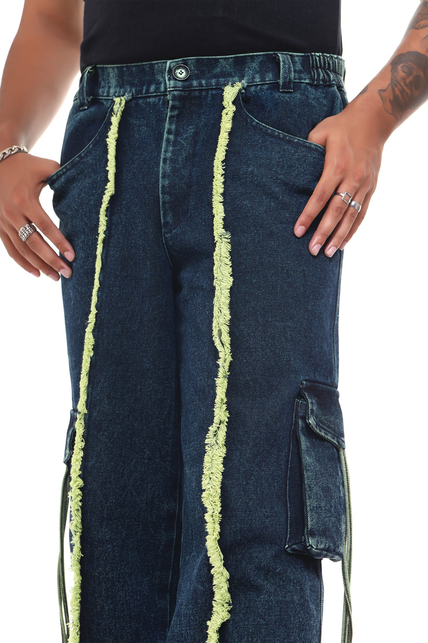Oversized jeans | Streetwear jeans | outwear jeans | relaxed fit jeans | unisex apparel | indian streetwear | baggy jeans | baggy jeans | kokobongo jeans | green oversized jeans | acid washed jeans | stone wash | hand dyed | frayed jeans | rugged jeans | green jeans | sleeveless jeans | sleeveless streetwear | sleeveless streetwear jeans | utility jeans | raw edges cargos | cargos with pocket | green jeans | blue jeans | green and blue jeans | trendy jeans | jeans with pocket