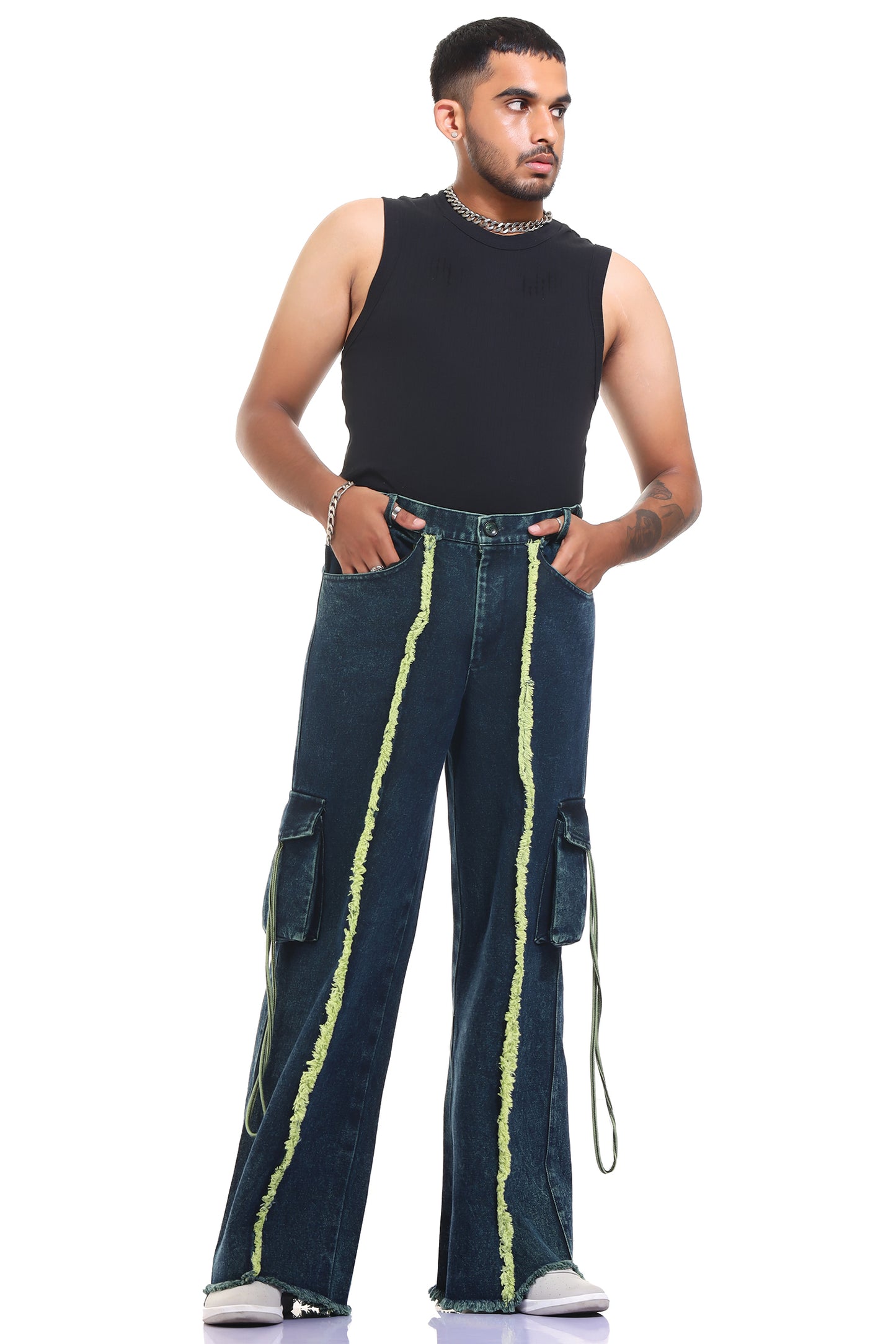 Oversized jeans | Streetwear jeans | outwear jeans | relaxed fit jeans | unisex apparel | indian streetwear | baggy jeans | baggy jeans | kokobongo jeans | green oversized jeans | acid washed jeans | stone wash | hand dyed | frayed jeans | rugged jeans | green jeans | sleeveless jeans | sleeveless streetwear | sleeveless streetwear jeans | utility jeans | raw edges cargos | cargos with pocket | green jeans | blue jeans | green and blue jeans | trendy jeans | jeans with pocket