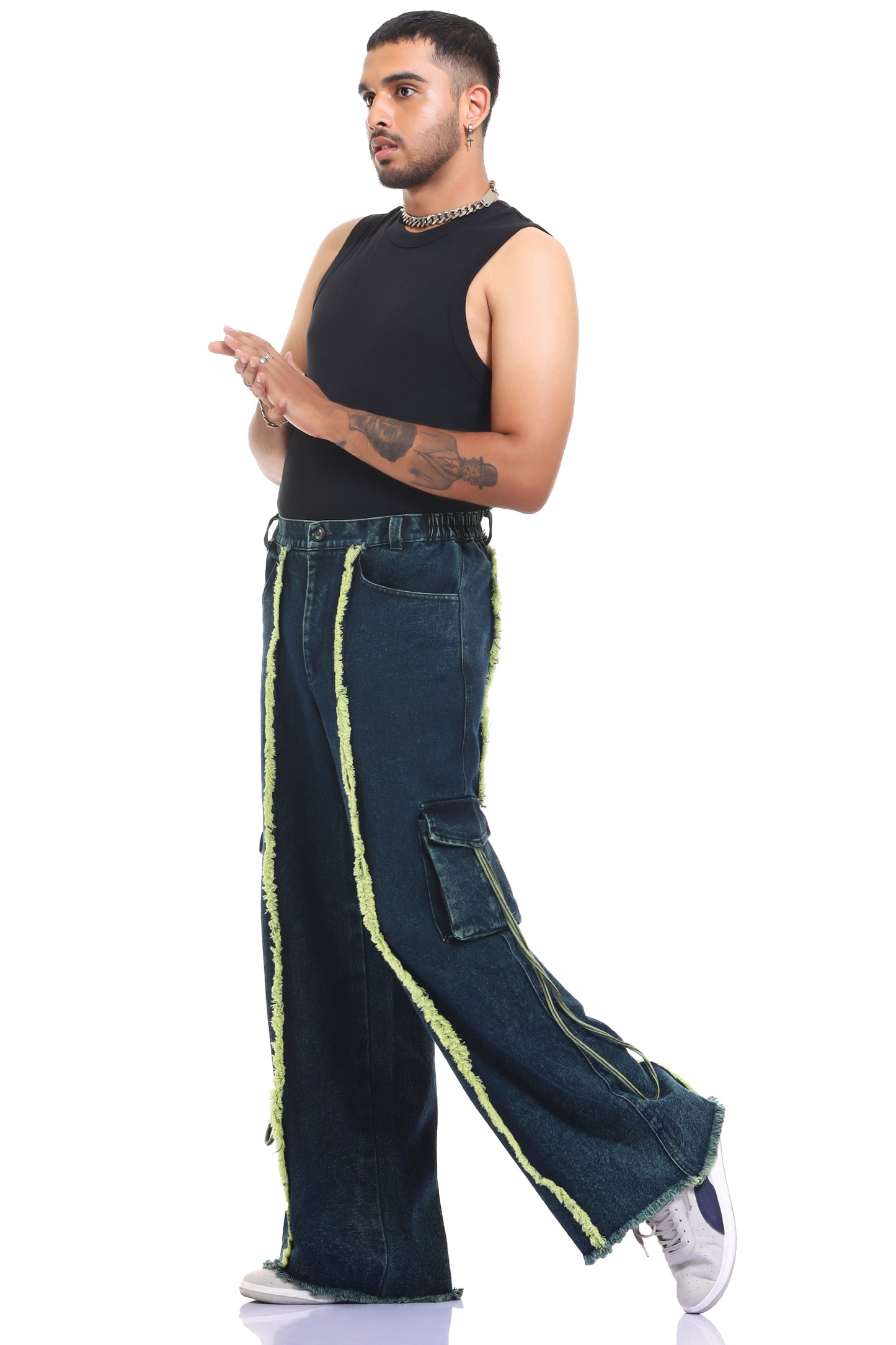 Oversized jeans | Streetwear jeans | outwear jeans | relaxed fit jeans | unisex apparel | indian streetwear | baggy jeans | baggy jeans | kokobongo jeans | green oversized jeans | acid washed jeans | stone wash | hand dyed | frayed jeans | rugged jeans | green jeans | sleeveless jeans | sleeveless streetwear | sleeveless streetwear jeans | utility jeans | raw edges cargos | cargos with pocket | green jeans | blue jeans | green and blue jeans | trendy jeans | jeans with pocket