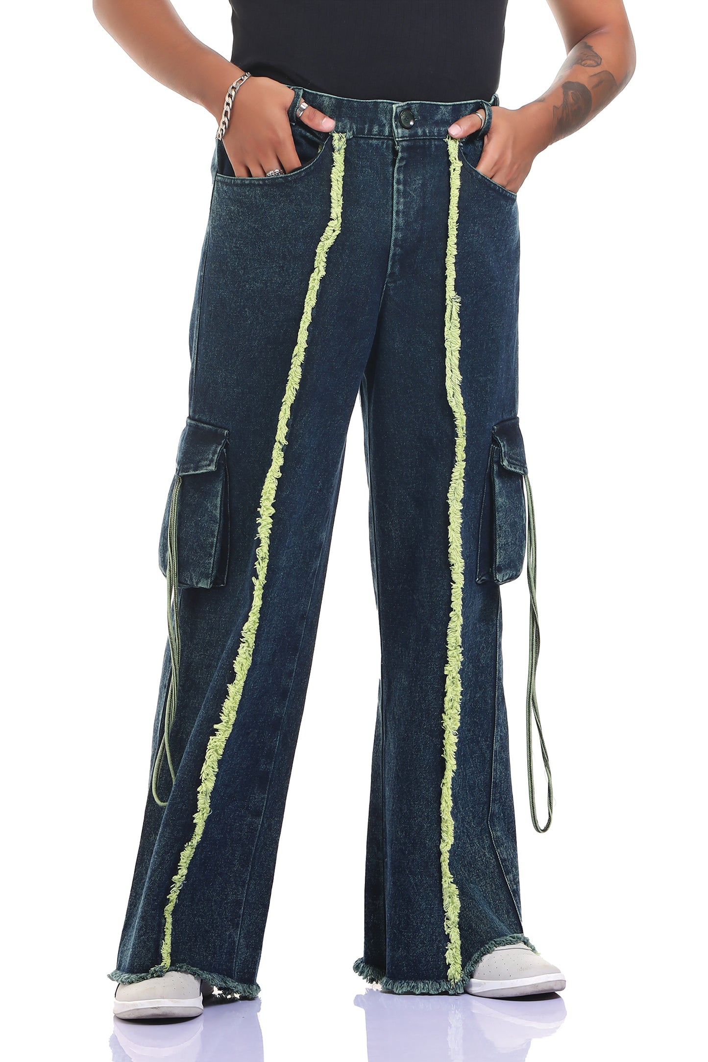 Oversized jeans | Streetwear jeans | outwear jeans | relaxed fit jeans | unisex apparel | indian streetwear | baggy jeans | baggy jeans | kokobongo jeans | green oversized jeans | acid washed jeans | stone wash | hand dyed | frayed jeans | rugged jeans | green jeans | sleeveless jeans | sleeveless streetwear | sleeveless streetwear jeans | utility jeans | raw edges cargos | cargos with pocket | green jeans | blue jeans | green and blue jeans | trendy jeans | jeans with pocket