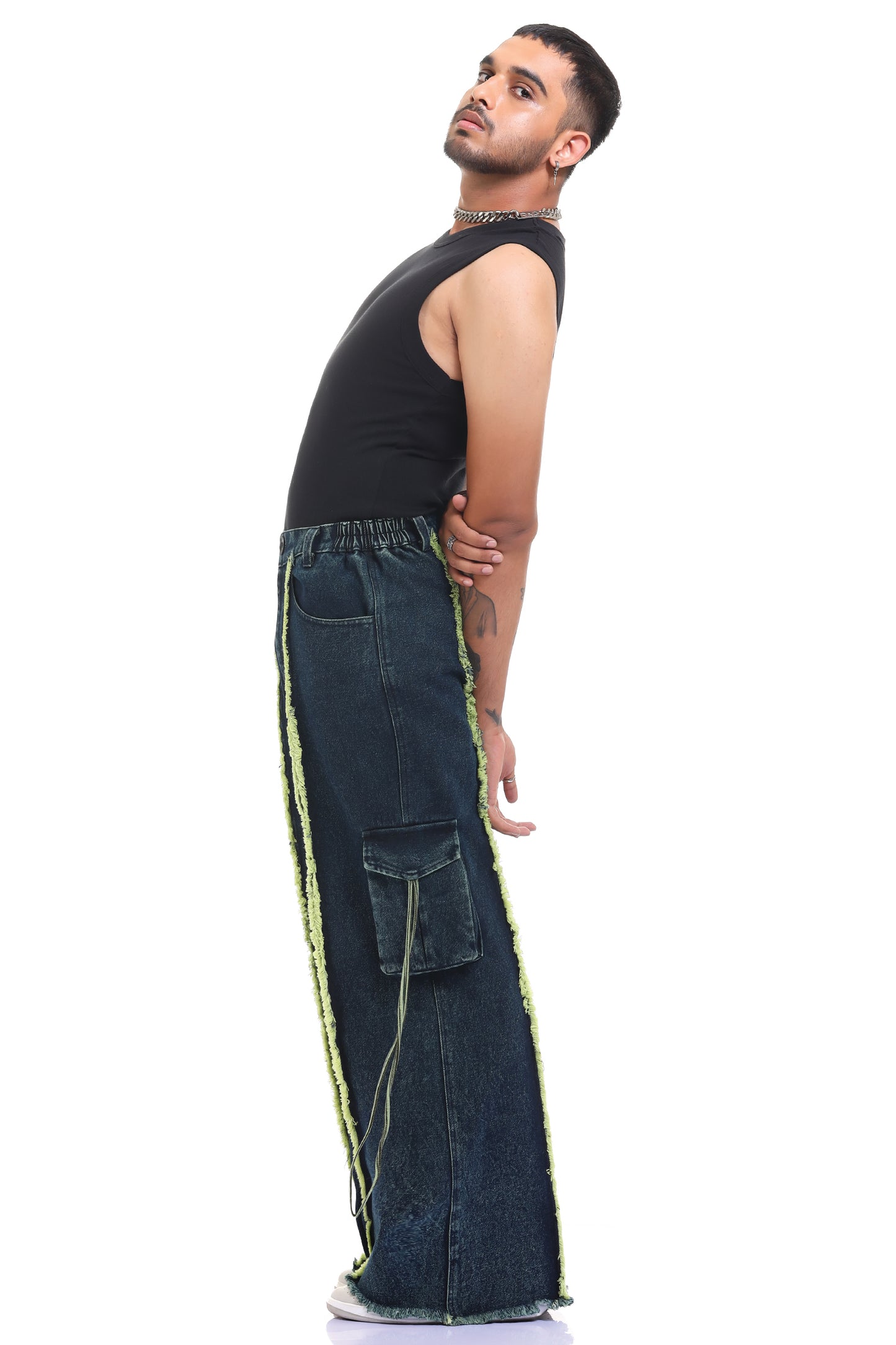 Oversized jeans | Streetwear jeans | outwear jeans | relaxed fit jeans | unisex apparel | indian streetwear | baggy jeans | baggy jeans | kokobongo jeans | green oversized jeans | acid washed jeans | stone wash | hand dyed | frayed jeans | rugged jeans | green jeans | sleeveless jeans | sleeveless streetwear | sleeveless streetwear jeans | utility jeans | raw edges cargos | cargos with pocket | green jeans | blue jeans | green and blue jeans | trendy jeans | jeans with pocket